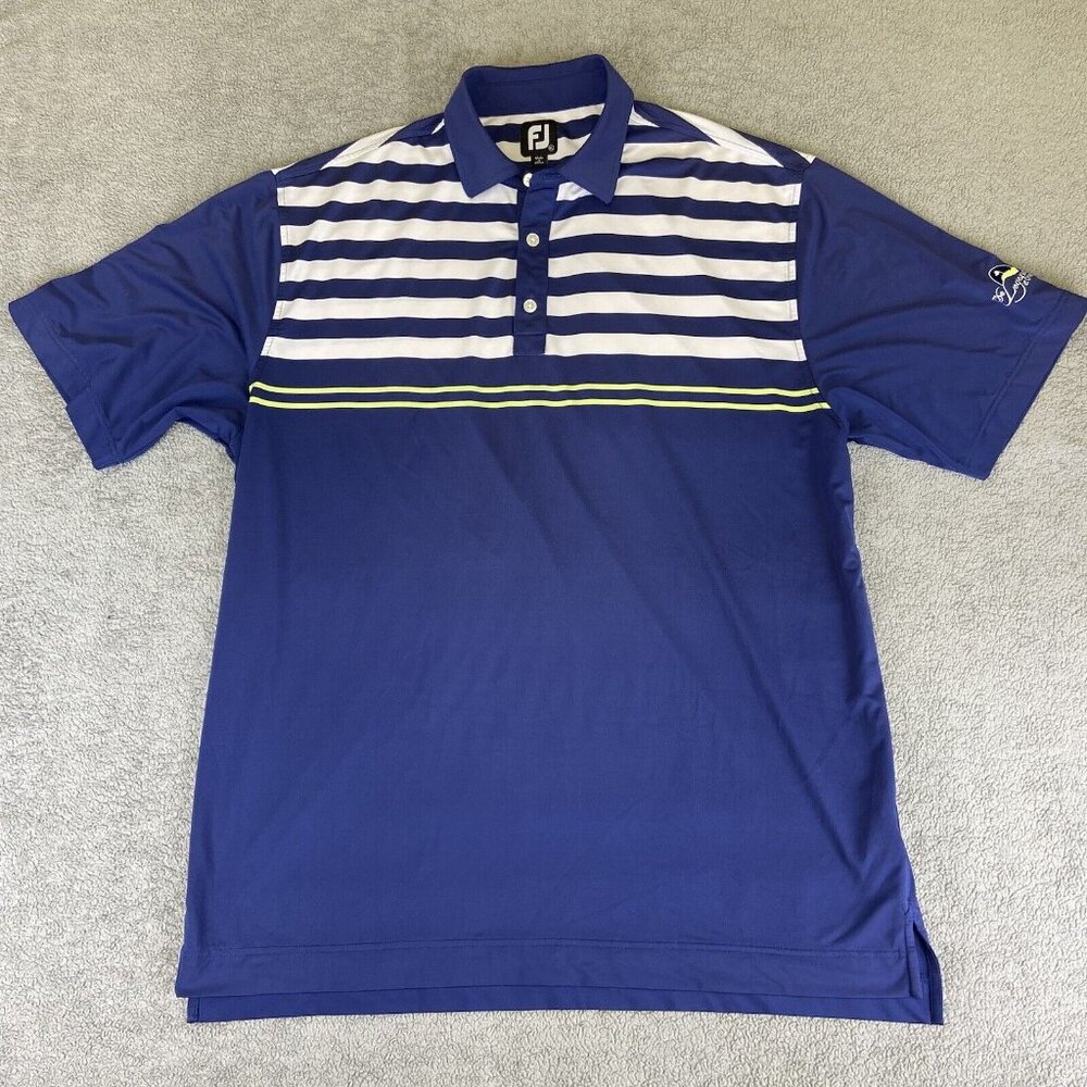 FootJoy Polo Shirt Mens XL Blue White Lime Green Stripe Golf Embroidered